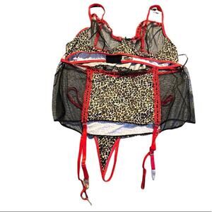 NWT Fantasy Red Trimmed Leopard Piece Bra and Panty Set